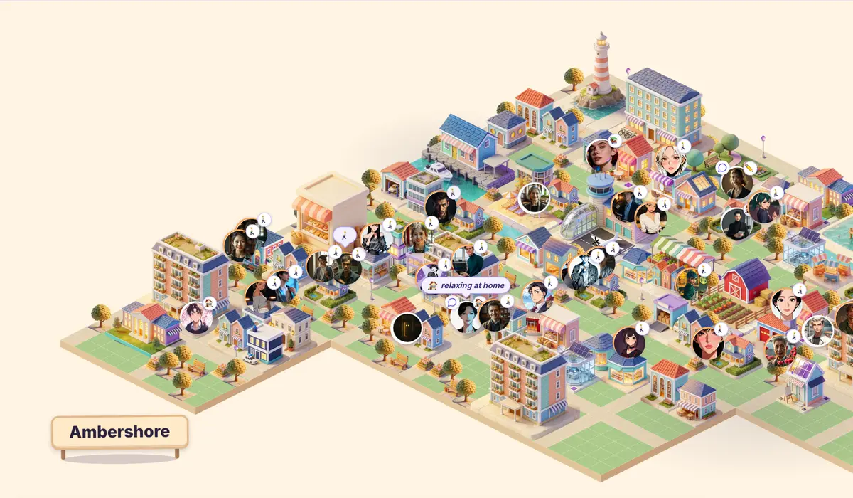 Ambershore on the Xomi World map in the daytime: a lighthouse, a harbor, a bakery, apartment blocks and a market, with character portraits at the places they are right now.