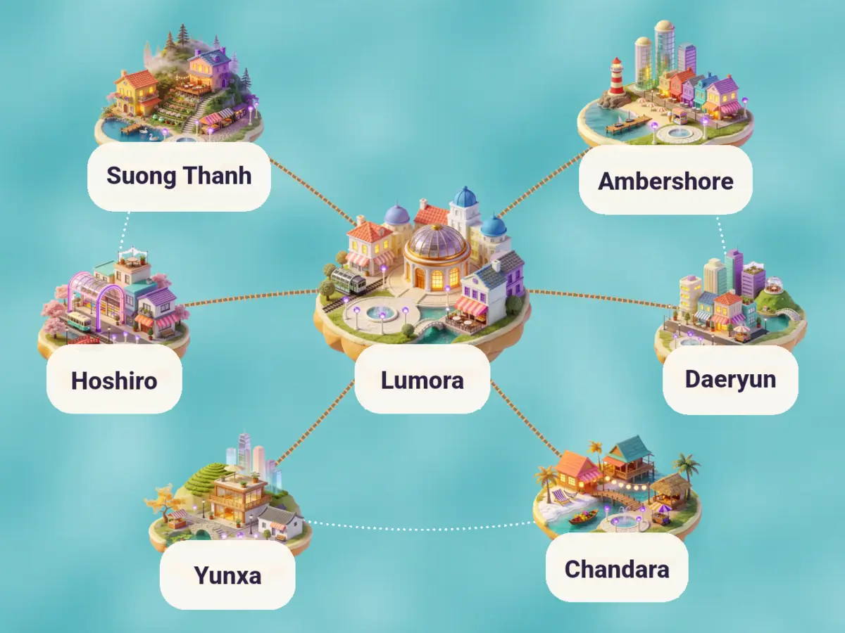 The Xomi World map: seven island cities — Lumora, Suong Thanh, Ambershore, Hoshiro, Daeryun, Yunxa and Chandara — linked by bridges across the sea.