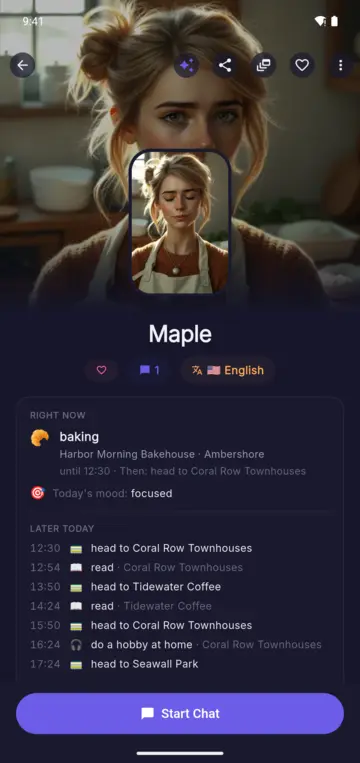 Maple's profile in the Xomi Android app: the Right now card reads 'baking · Harbor Morning Bakehouse · Ambershore, until 12:30', followed by the rest of her day and a Start Chat button.